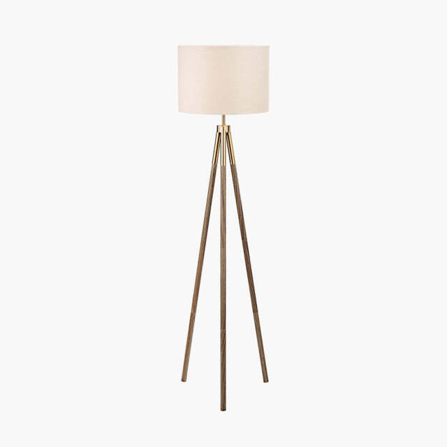 Vali Gold Metal and Brown Wood Grain Tripod Floor Lamp - image 1
