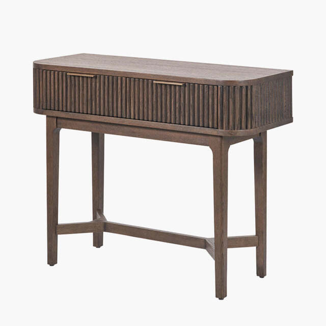 Raie Dark Brown Ribbed Oak and Pine Wood 2 Drawer Console Table - image 1