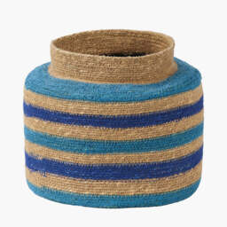 Seagrass Natural, Blue and Turquoise Stripe Round Basket - thumbnail 1