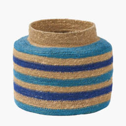 Seagrass Natural, Blue and Turquoise Stripe Round Basket - thumbnail 2