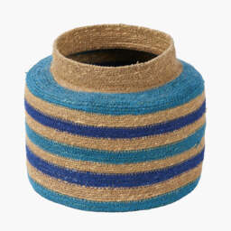 Seagrass Natural, Blue and Turquoise Stripe Round Basket - thumbnail 3
