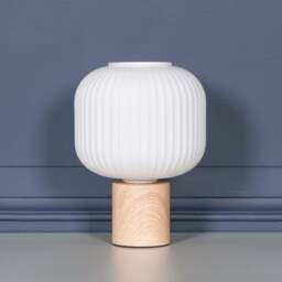 Ribbed Glass Shade Table Lamp With Wooden Style Base - thumbnail 4