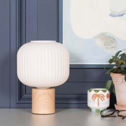 Ribbed Glass Shade Table Lamp With Wooden Style Base - thumbnail 2