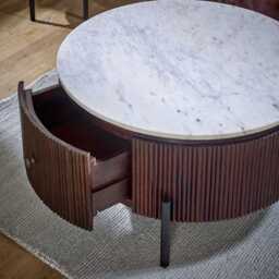 Loriini Mango Wood Round Fluted Coffee Table With Marble Top & Metal Legs - thumbnail 5