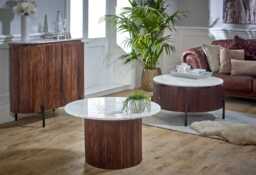 Loriini Mango Wood Round Fluted Coffee Table With Marble Top & Metal Legs - thumbnail 6