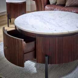 Loriini Mango Wood Round Fluted Coffee Table With Marble Top & Metal Legs - thumbnail 4