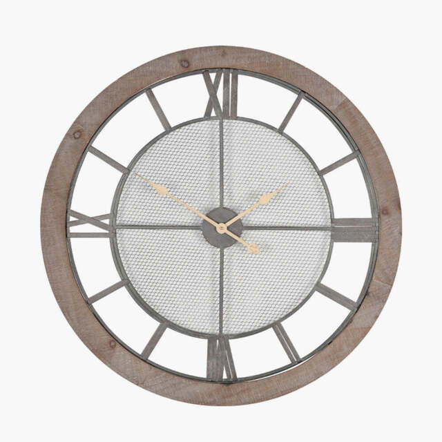 Natural Wood and Black Metal Mesh Round Wall Clock - image 1