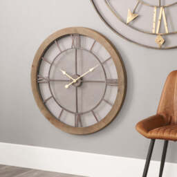 Natural Wood and Black Metal Mesh Round Wall Clock - thumbnail 2