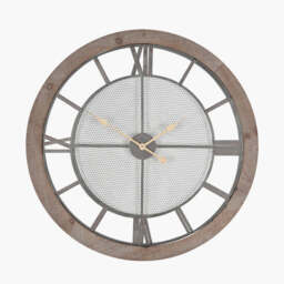 Natural Wood and Black Metal Mesh Round Wall Clock - thumbnail 1