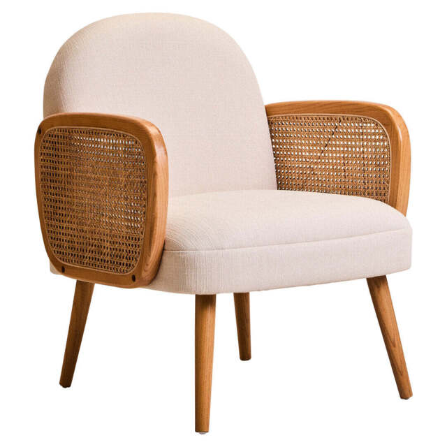 Cebu Ivory Fabric and Cane Chair with Elm Wood Legs - image 1