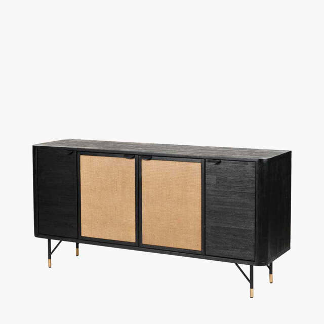 Fiji Black Acacia Wood and Natural Rattan 4 Door Sideboard - image 1