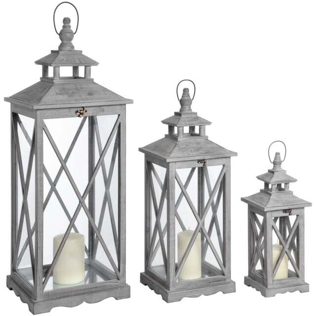Set Of Three Wooden Lanterns With Traditional Cross Section - image 1