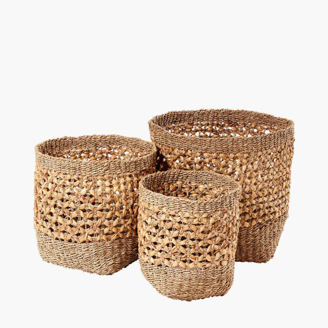 S/3 Seagrass and Water Hyacinth Natural Tall Round Baskets - image 1
