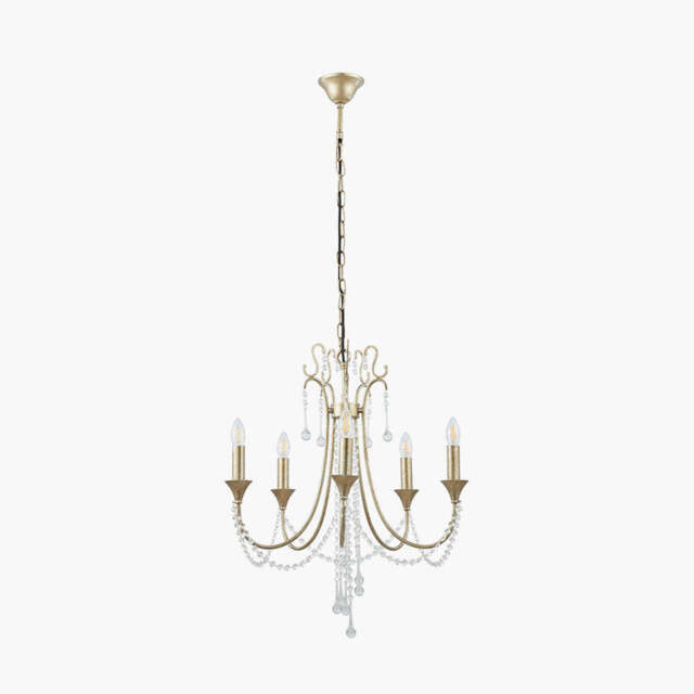 Belle Antique Silver Leaf Metal and Beaded 5 Light Chandelier Pendant - image 1