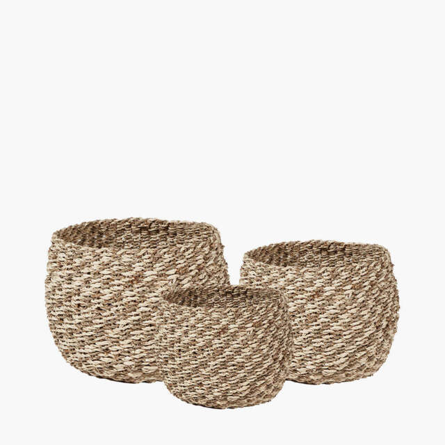 S/3 Seagrass and Palm Leaf 2-Tone Natural Plaited Round Baskets - image 1