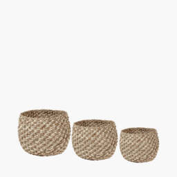 S/3 Seagrass and Palm Leaf 2-Tone Natural Plaited Round Baskets - thumbnail 2