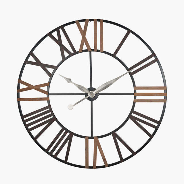 Natural Wood and Antique Grey Metal Round Wall Clock Large - image 1