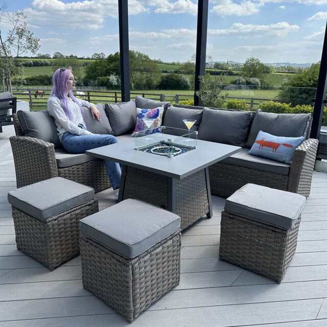 Rosen Rattan Garden Furniture 9 Seater Corner Sofa Set with Fire pit Dining Table in Mixed Nature And Grey, Without Rain Cover