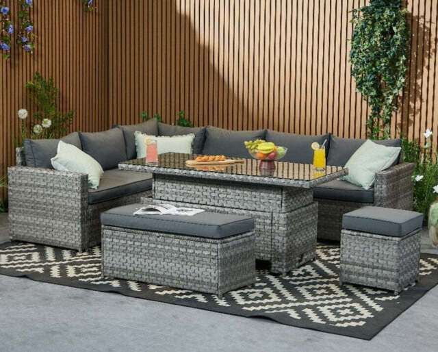 Monaco 9 Seater Rattan Garden Corner Sofa Dining Set with Rising Table, Grey / With Rain Cover
