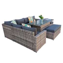 Monaco 9 Seater Rattan Garden Corner Sofa Dining Set with Rising Table, Grey / With Rain Cover - thumbnail 3