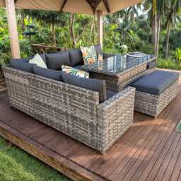 Monaco 9 Seater Rattan Garden Corner Sofa Dining Set with Rising Table, Grey / With Rain Cover - thumbnail 2