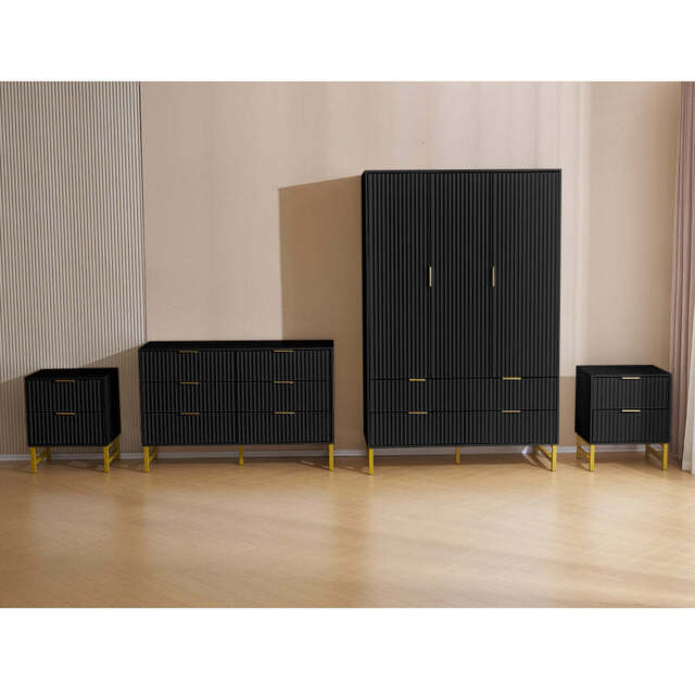 Mercury Ridged 4 Piece Bedroom Set Wardrobe Chest, Black - image 1