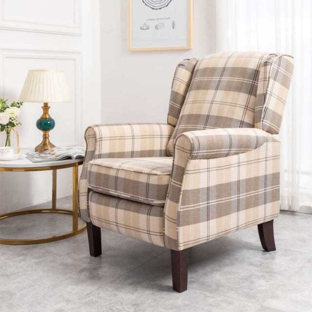 Ascot Wingback Fabric Recliner Chair In Grey/Cream/Blue/Red Tartan, Cream