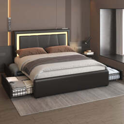 Modern White PU Bed Frame with 4 Drawers Storage and LED Light Head Board and Charging Ports, Black / Double Size Frame