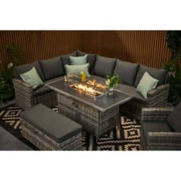 Rosen 9 Seater Rattan Corner Sofa Set With Aluminium Fire-pit Dining Table and Storage Box, Grey / With Rain Cover - thumbnail 7