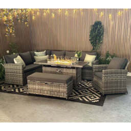 Rosen 9 Seater Rattan Corner Sofa Set With Aluminium Fire-pit Dining Table and Storage Box, Grey / With Rain Cover - thumbnail 9