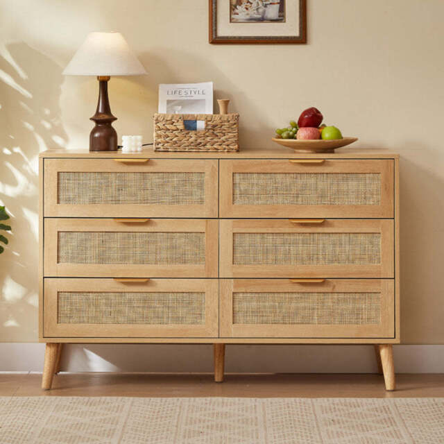 Boho 6 Drawers Chest Rattan Decorated Storage TV Cabinet, Natural Rattan - image 1