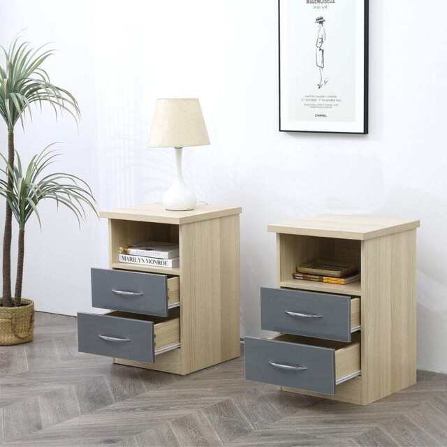 Set Of 2 Agata 2 Drawer Bedside Tables In Grey and Oak - image 1