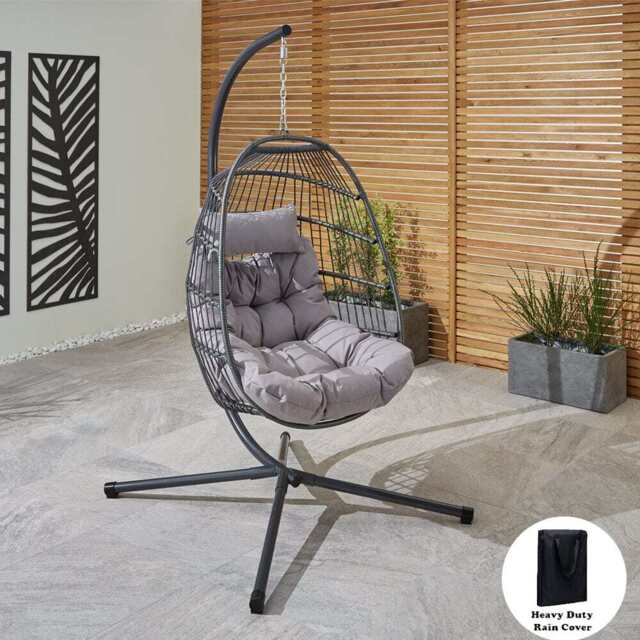 Bradway Hanging Egg Chair with Grey Cushions, With Rain Cover