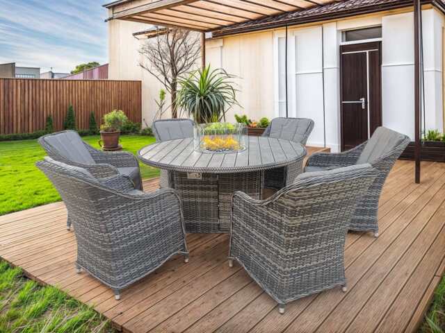 Aura 6 Seater Rattan Garden Furniture With Round/Rectangle Table Fire Pit Set In Grey, Round table+Armchair - image 1