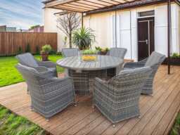 Aura 6 Seater Rattan Garden Furniture With Round/Rectangle Table Fire Pit Set In Grey, Round table+Armchair - thumbnail 1