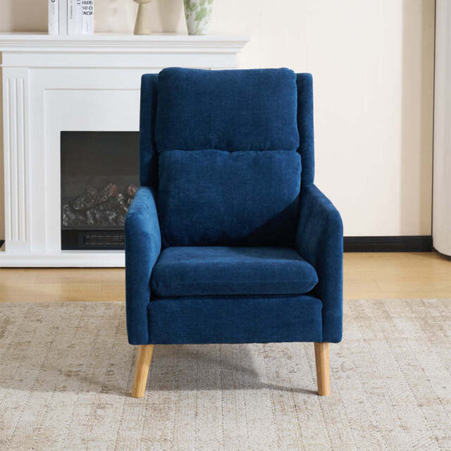 Modern Linen Accent Chair with Wooden Frame, Dark Blue - image 1