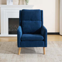 Modern Linen Accent Chair with Wooden Frame, Dark Blue - thumbnail 1