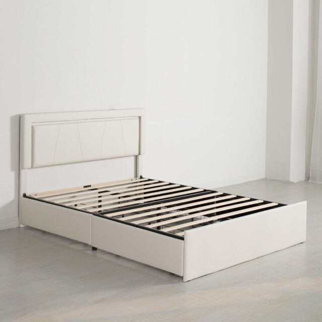 Modern White PU Bed Frame with 4 Drawers Storage and LED Light Head Board and Charging Ports, White / Single Size Frame
