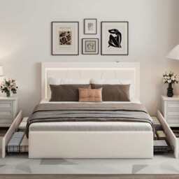 Modern White PU Bed Frame with 4 Drawers Storage and LED Light Head Board and Charging Ports, White / Single Size Frame - thumbnail 2