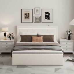 Modern White PU Bed Frame with 4 Drawers Storage and LED Light Head Board and Charging Ports, White / Single Size Frame - thumbnail 3
