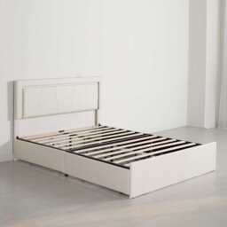 Modern White PU Bed Frame with 4 Drawers Storage and LED Light Head Board and Charging Ports, White / Single Size Frame - thumbnail 1