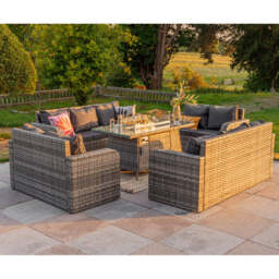 Lotus Outdoor 10 Seater Rattan Garden Sofa with Fire Pit Table Set, Without Rain Cover