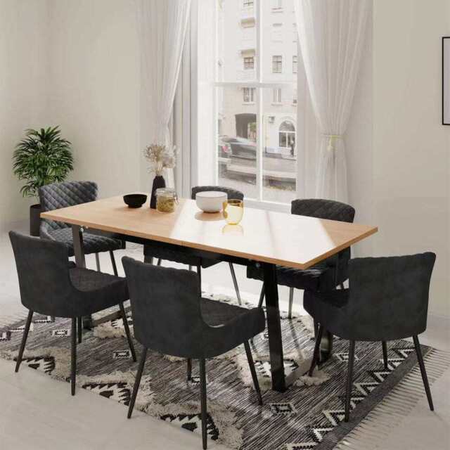 Belluno Light Oak Colour Extending Dining Table Set with 6 Velvet Chairs, With Grey Chairs