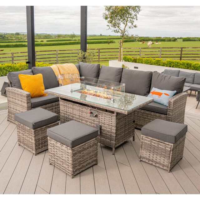 Rosen 9 Seater Fire Pit Rattan Garden Furniture Corner Dining Sofa Set In Grey, With Rain Cover - image 1
