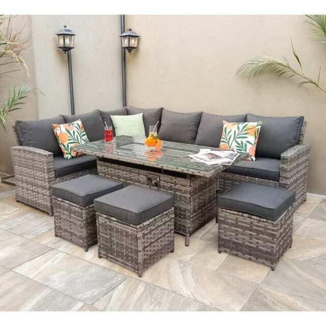 Barcelona Rattan Garden 9 Seater Fire Pit Furniture Corner Dining Sofa Set In Grey, With Rain Cover - image 1