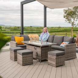 Rosen 9 Seater Fire Pit Rattan Garden Furniture Corner Dining Sofa Set In Grey, With Rain Cover - thumbnail 8