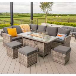 Rosen 9 Seater Fire Pit Rattan Garden Furniture Corner Dining Sofa Set In Grey, With Rain Cover