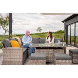 Rosen 9 Seater Fire Pit Rattan Garden Furniture Corner Dining Sofa Set In Grey, With Rain Cover - thumbnail 4