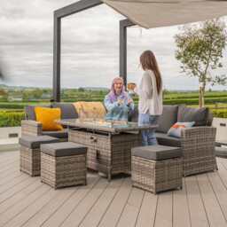 Rosen 9 Seater Fire Pit Rattan Garden Furniture Corner Dining Sofa Set In Grey, With Rain Cover - thumbnail 6
