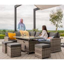 Rosen 9 Seater Fire Pit Rattan Garden Furniture Corner Dining Sofa Set In Grey, With Rain Cover - thumbnail 5